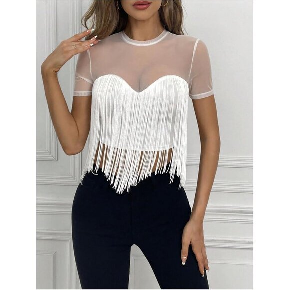 Women's Contrast Mesh Short Sleeve Fringe Trim Crop Top Tee Shirts - Picture 4 of 5